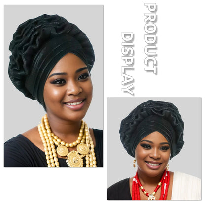 Woman wearing a black Nigerian auto gele headwrap with two different necklaces displayed.
