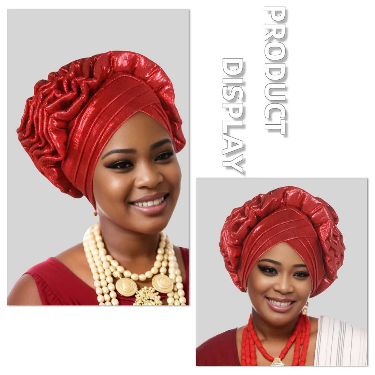 Woman wearing a red Nigerian auto gele headwrap on a gray background