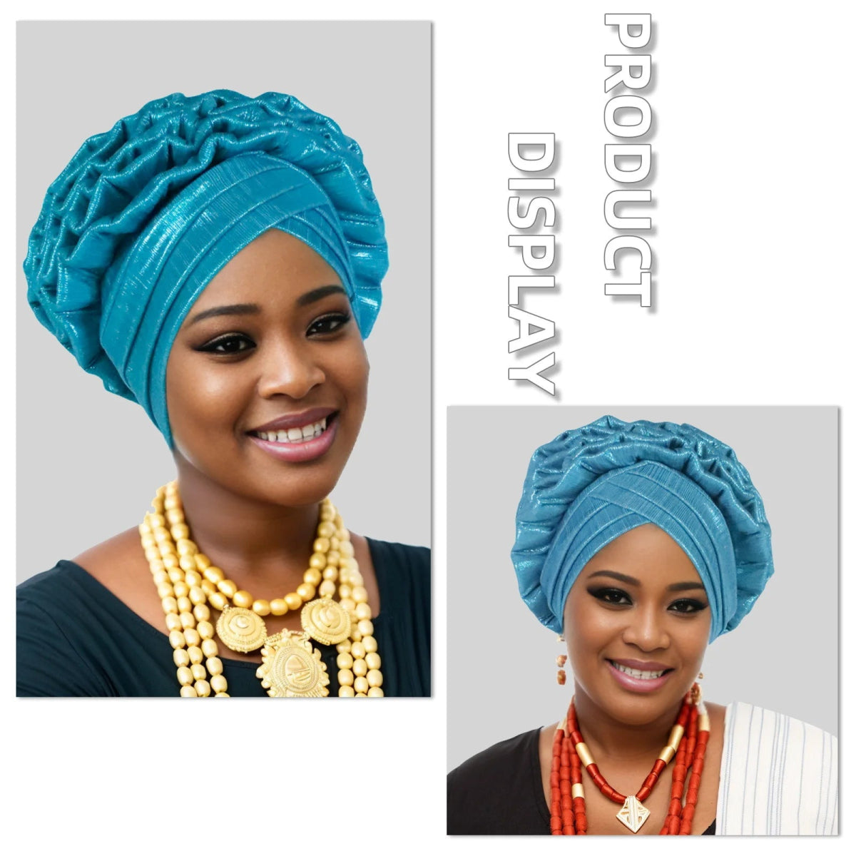 Woman wearing a lake blue Nigerian auto gele headwrap with two different necklace options on a gray background.
