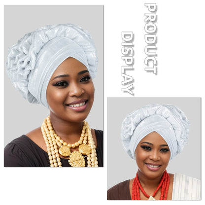 Woman wearing a white Nigerian auto gele headwrap with different necklaces displayed on a gray background