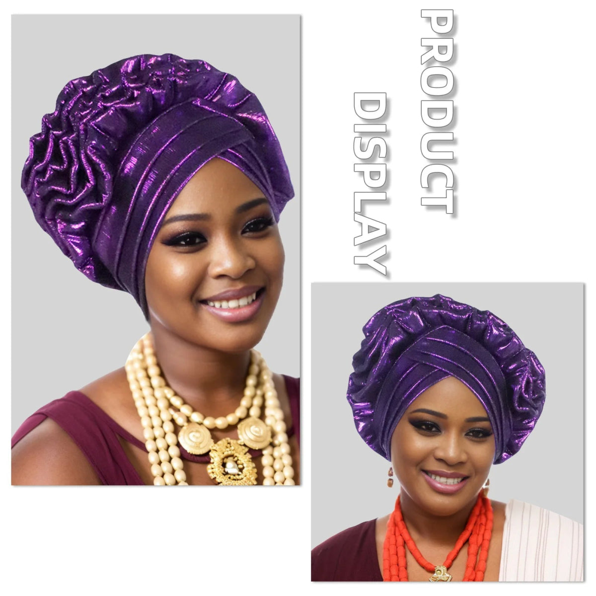 Woman wearing a purple Nigerian auto gele headwrap with decorative elements on a gray background