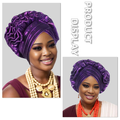 Woman wearing a purple Nigerian auto gele headwrap with decorative elements on a gray background