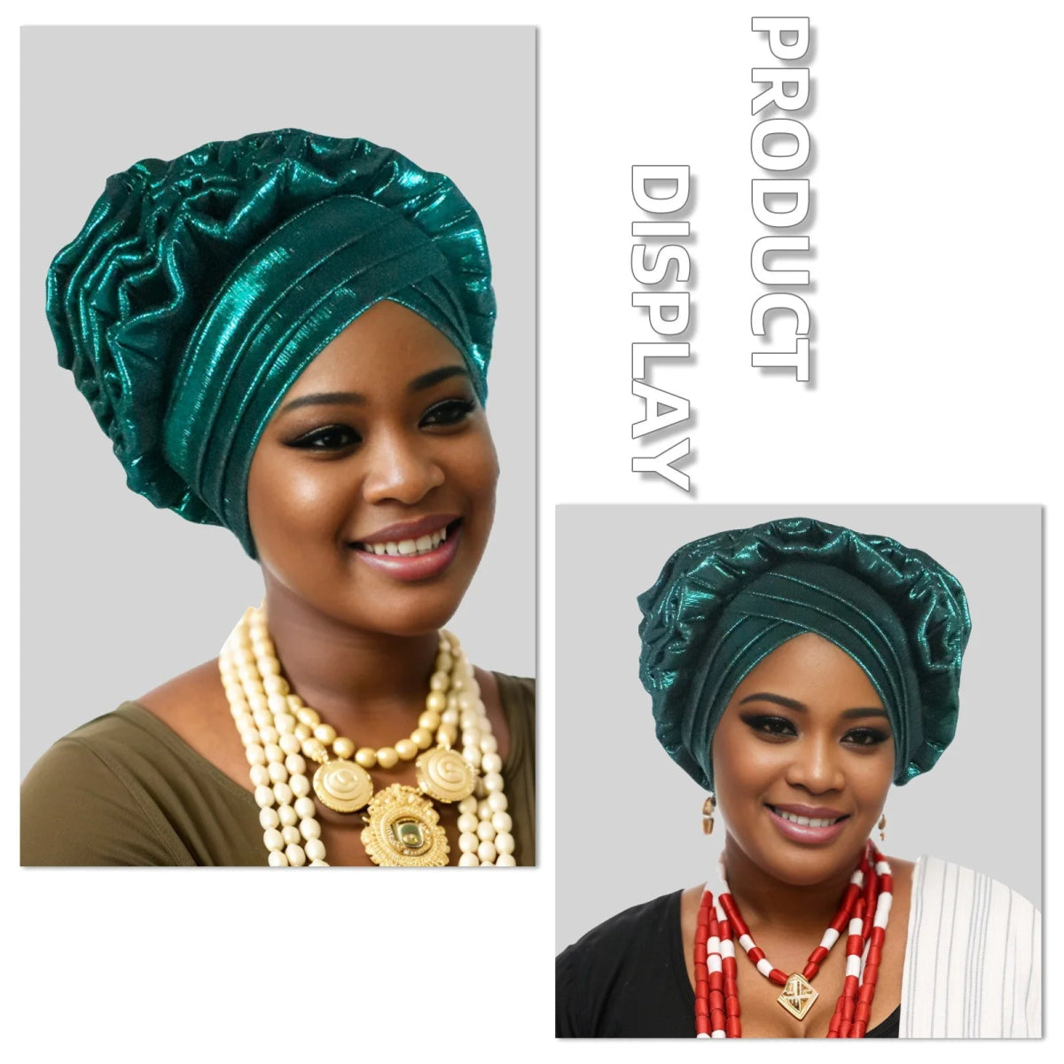 Two images of a woman wearing green Nigerian auto gele headwraps with different necklaces.