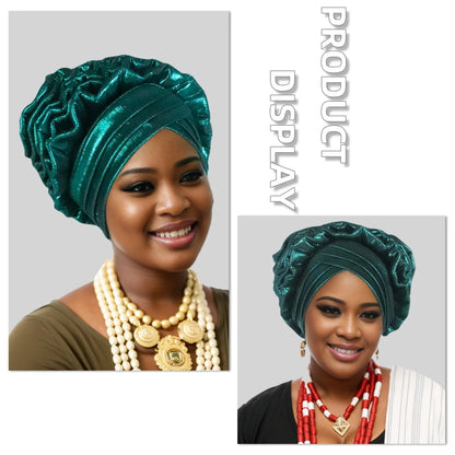 Two images of a woman wearing green Nigerian auto gele headwraps with different necklaces.