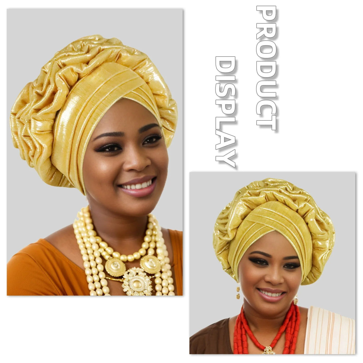 Woman wearing a gold Nigerian auto gele headwrap with close-up details on a gray background