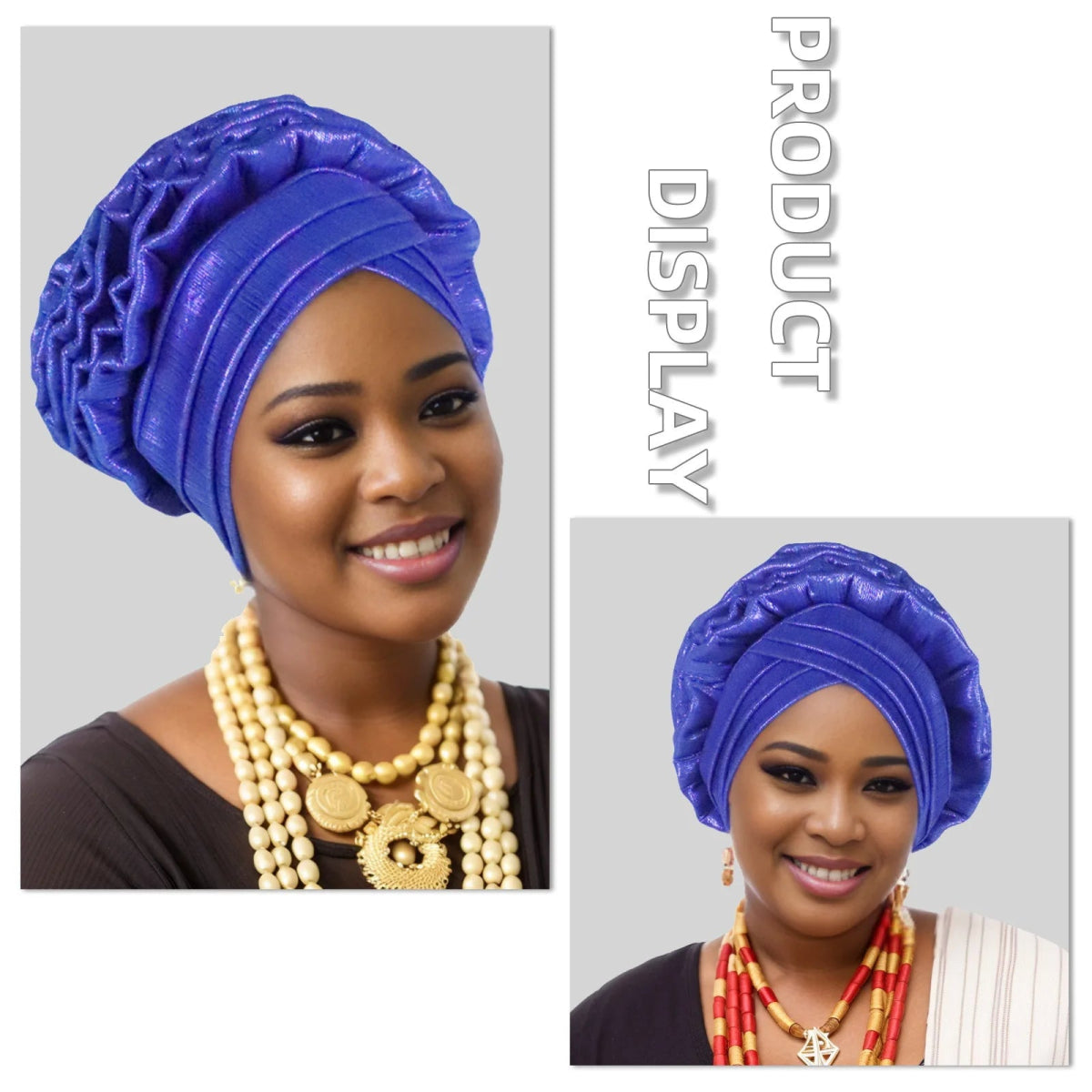 Woman wearing a blue Nigerian auto gele headwrap on a gray background