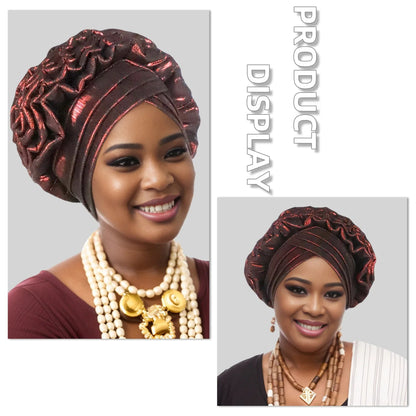 Woman wearing a wine red Nigerian auto gele headwrap on a gray background
