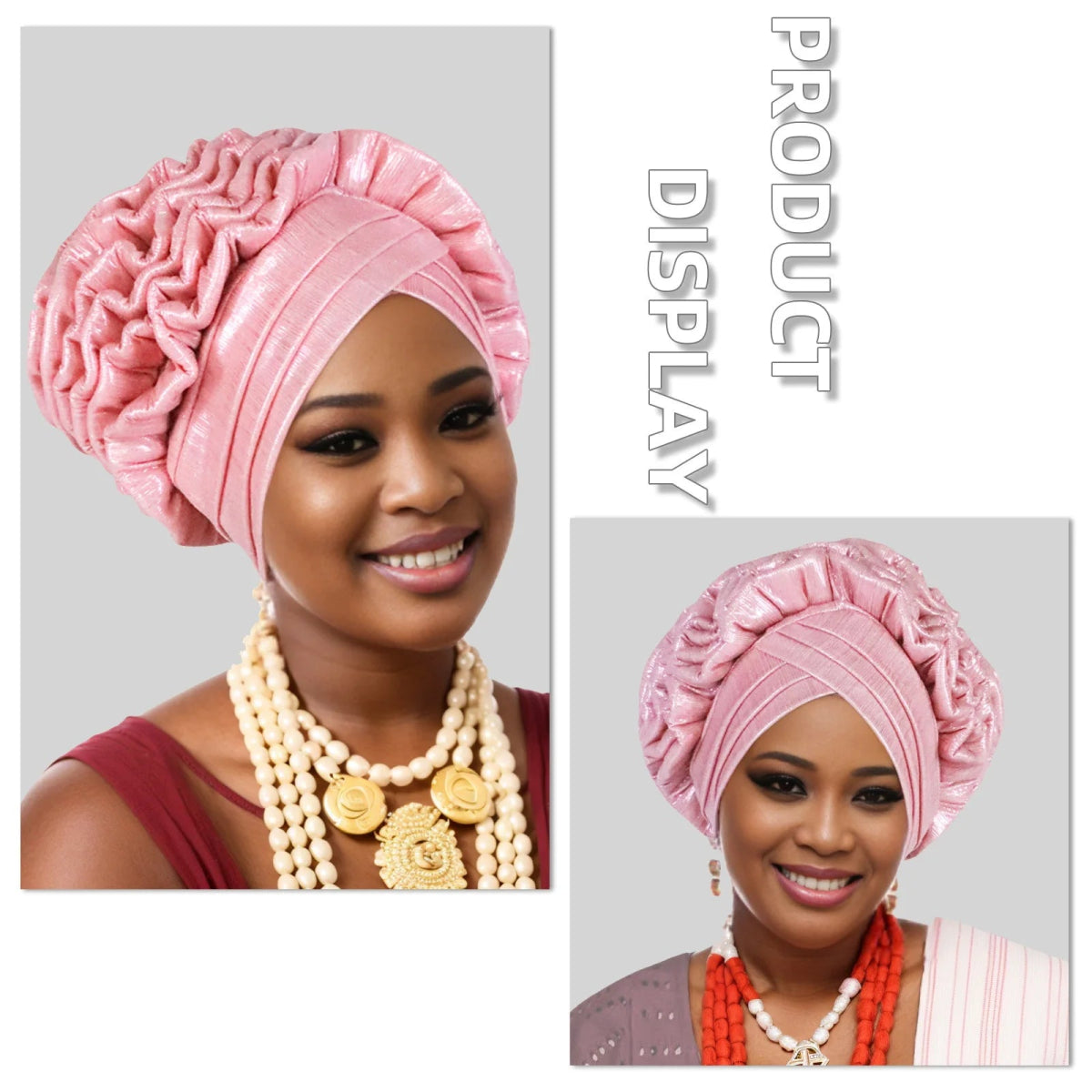 Woman wearing a pink Nigerian auto gele headwrap with close-up details on a gray background