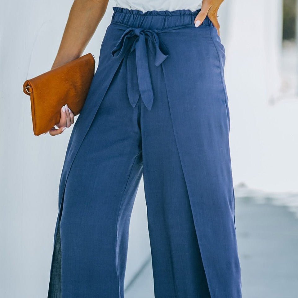 Paperbag Waist Tie Front Wide Leg Pants - Blue - Women - Apparel - Clothing - Pants - Milvertons