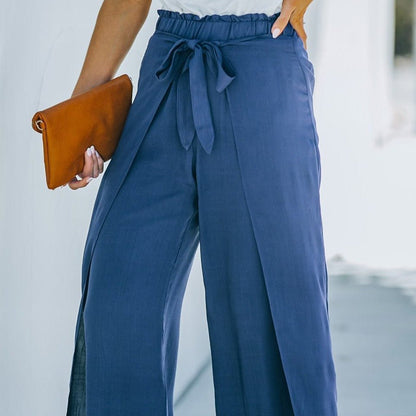 Paperbag Waist Tie Front Wide Leg Pants - Blue - Women - Apparel - Clothing - Pants - Milvertons