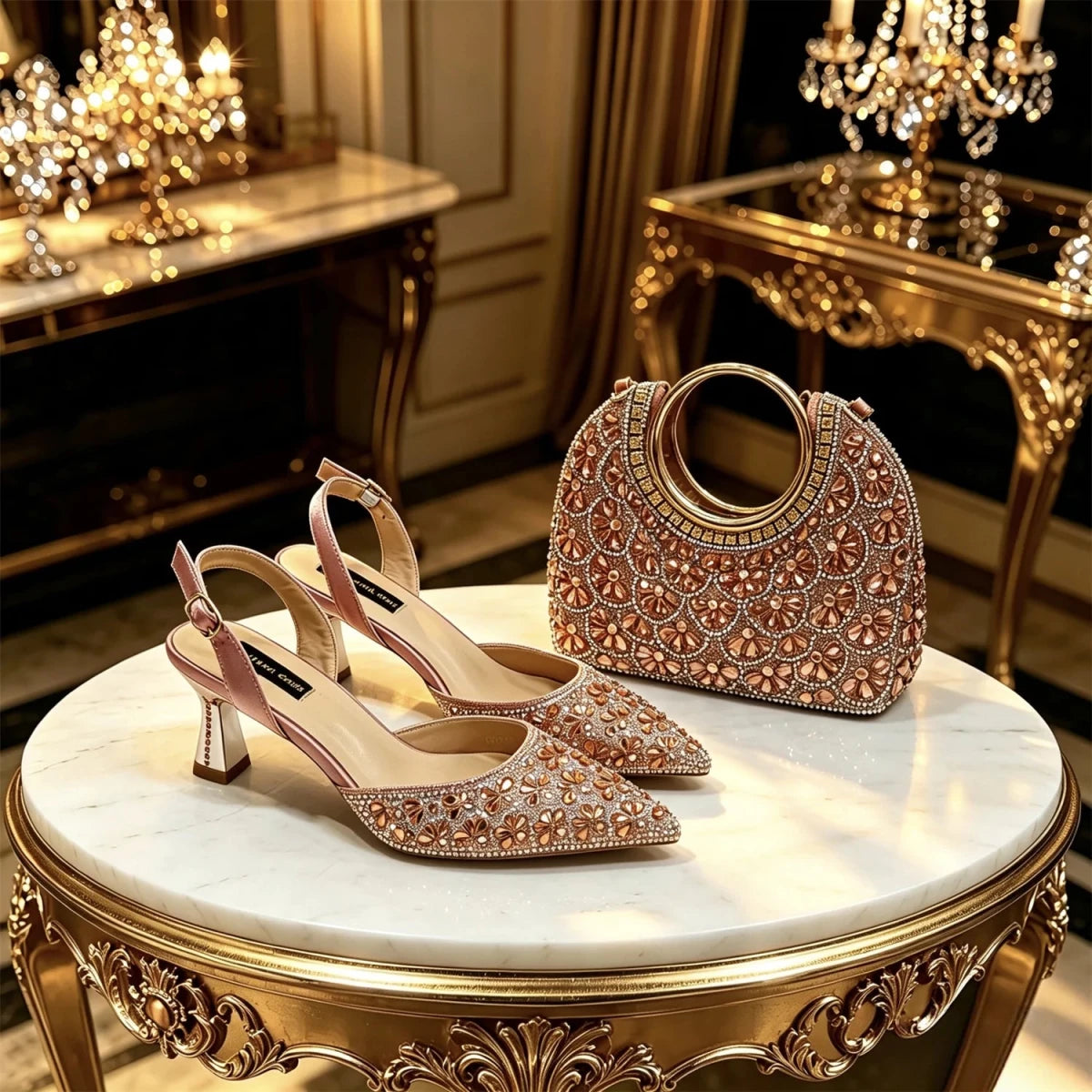 Elegant Rhinestone Pointed Toe Heels & Matching Handbag Set - Peach - Women - Shoes - Milvertons