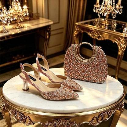 Elegant Rhinestone Pointed Toe Heels & Matching Handbag Set - Peach - Women - Shoes - Milvertons