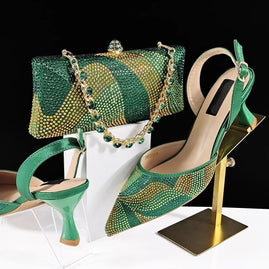 Prestigious Italian Rhinestone Shoes and Bag Set - Green - Women - Shoes - Milvertons