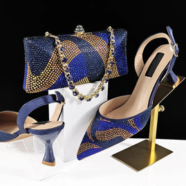 Prestigious Italian Rhinestone Shoes and Bag Set - Navy Blue - Women - Shoes - Milvertons