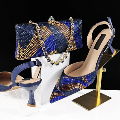 Prestigious Italian Rhinestone Shoes and Bag Set - Navy Blue - Women - Shoes - Milvertons