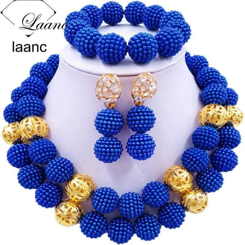 Pretty Two Color Design Beads 3 Piece Set - Blue Gold OSFA - Apparel & Accessories - Jewelry - Jewelry Sets - Milvertons