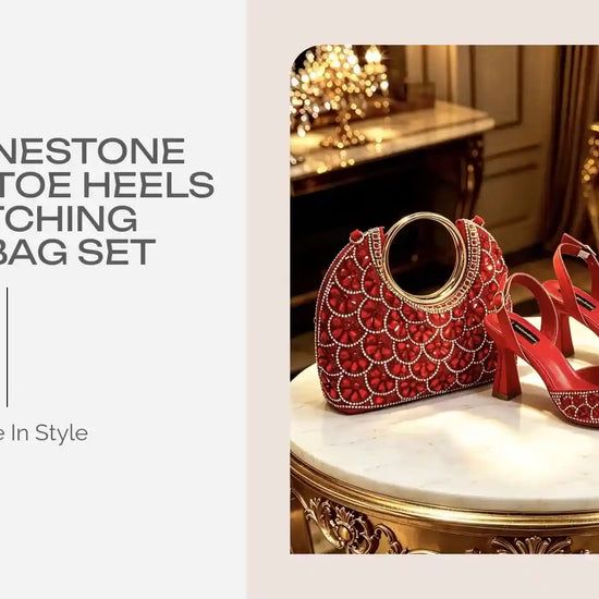 Red Rhinestone Pointed Toe Heels & Matching Handbag Set - Productt features Demo