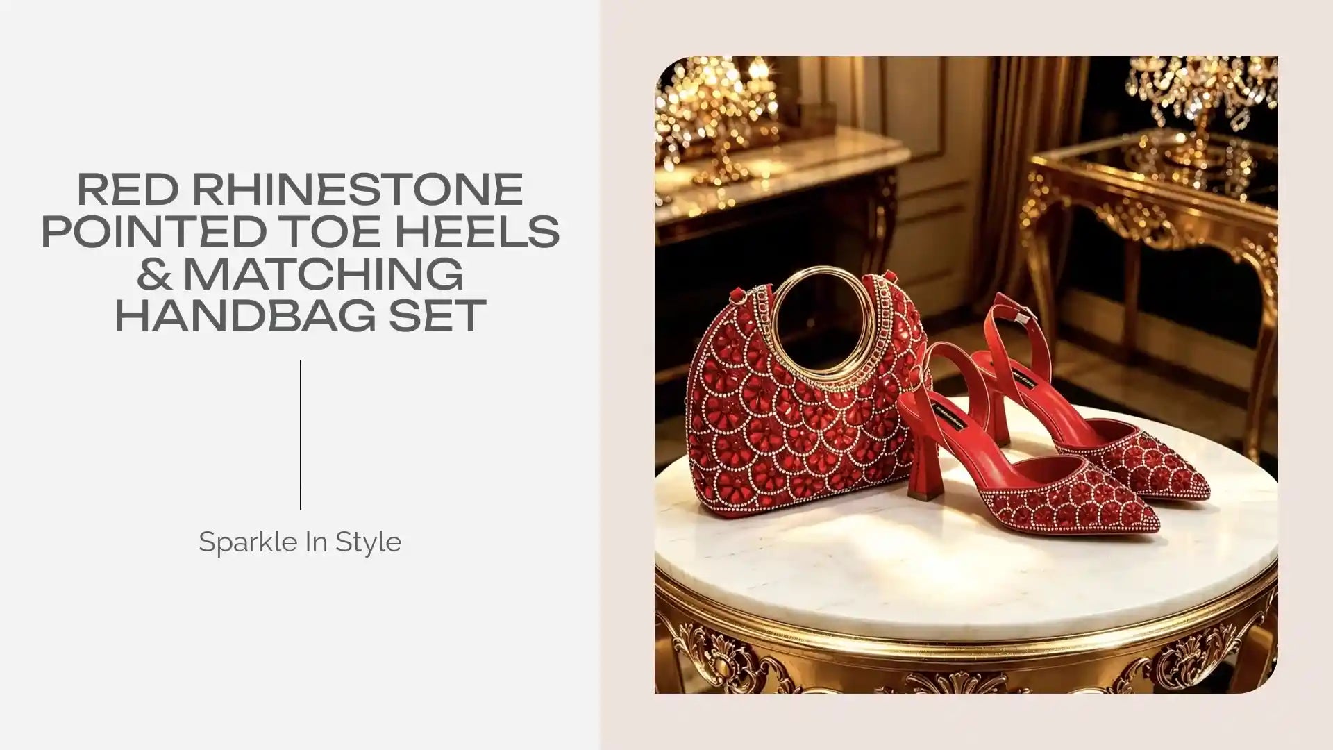 Red Rhinestone Pointed Toe Heels & Matching Handbag Set - Productt features Demo