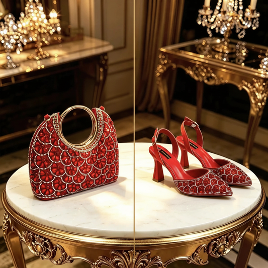 Red Rhinestone Handbag & Heels — 1:1 Split Editorial