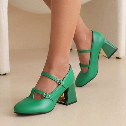 Retro Vintage T-strap Buckle Chunky High Heels - green - Women - Shoes - Milvertons