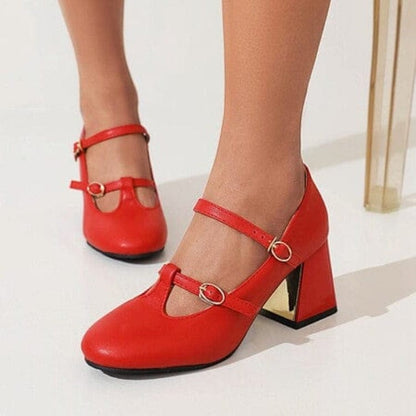 Retro Vintage T-strap Buckle Chunky High Heels - red - Women - Shoes - Milvertons