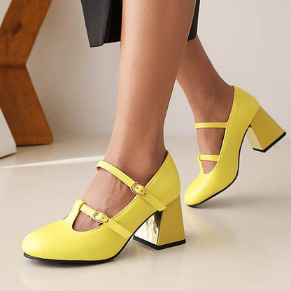 Retro Vintage T-strap Buckle Chunky High Heels - yellow - Women - Shoes - Milvertons