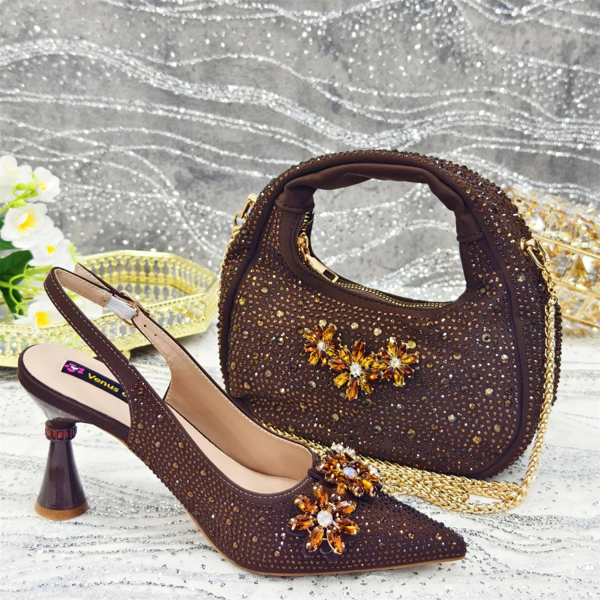 Rhinestone High Heels & Bag Set – Elegant Party Look - Brown - Women - Shoes - Milvertons