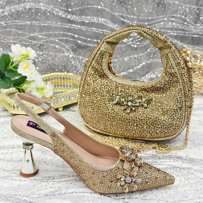 Rhinestone High Heels & Bag Set – Elegant Party Look - Gold - Women - Shoes - Milvertons
