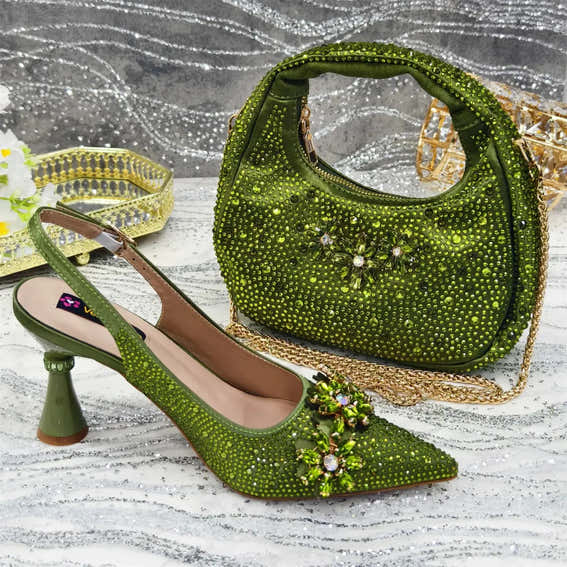 Rhinestone High Heels & Bag Set – Elegant Party Look - Olive-Green - Women - Shoes - Milvertons