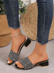 Rhinestone Open Toe Block Heels Sandals - - - Trendsi