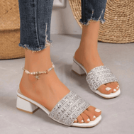 Silver Rhinestone Open Toe Block Heels Sandals worn with blue jeans on a neutral background