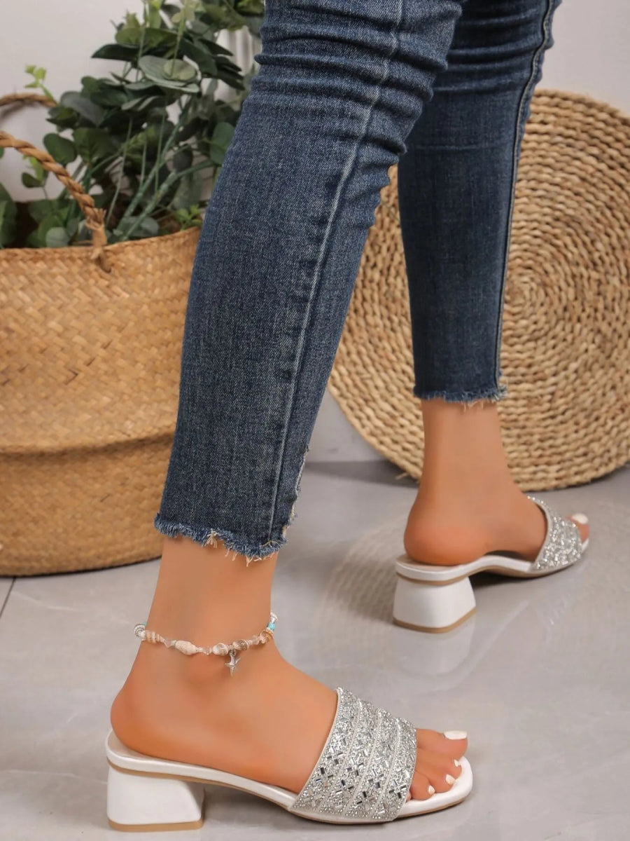 Rhinestone Open Toe Block Heels Sandals - - - Trendsi