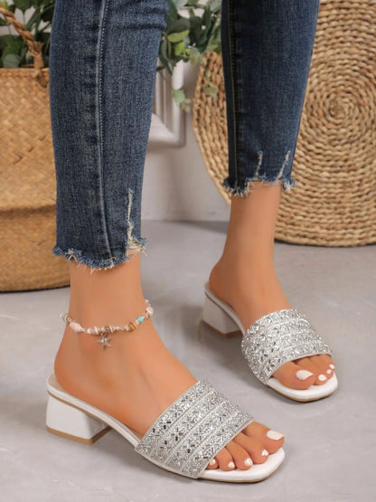 Rhinestone Open Toe Block Heels Sandals - Silver - - Trendsi