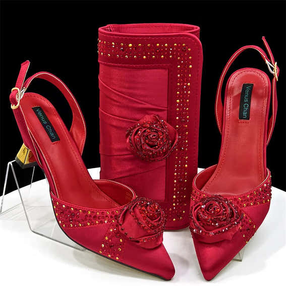 Rhinestone Rose Heels & Bag Set | African Party Elegance - Wine - Women - Shoes - Milvertons