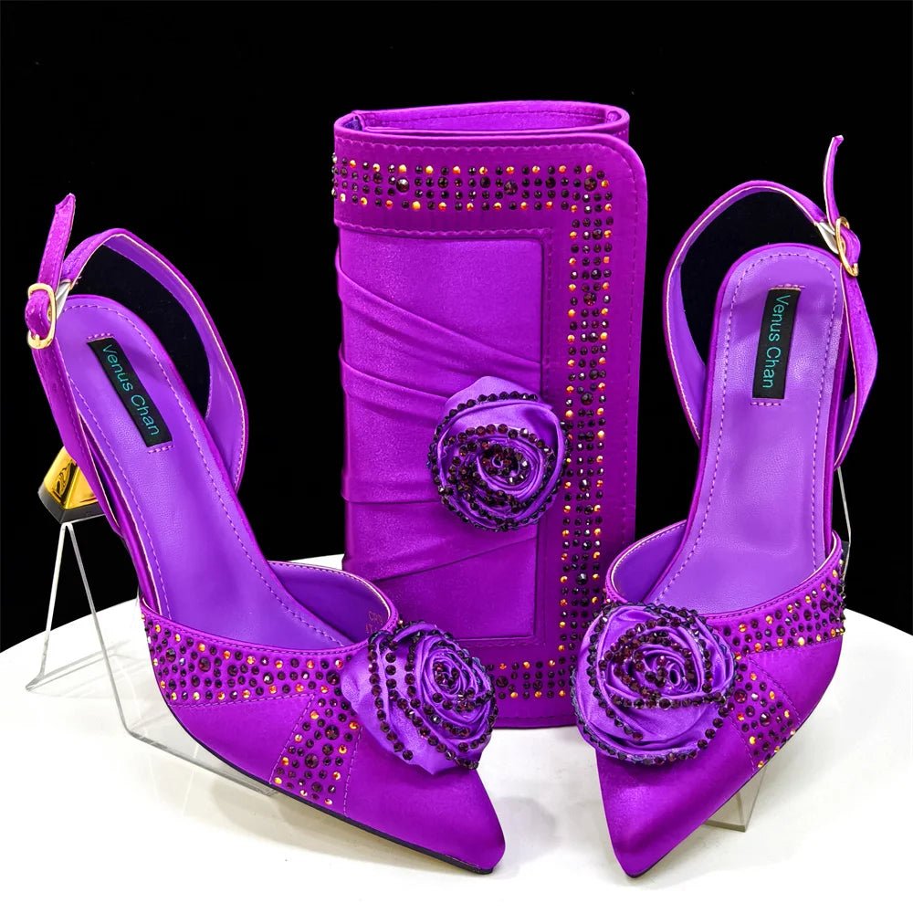 Rhinestone Rose Heels & Bag Set | African Party Elegance - Purple - Women - Shoes - Milvertons