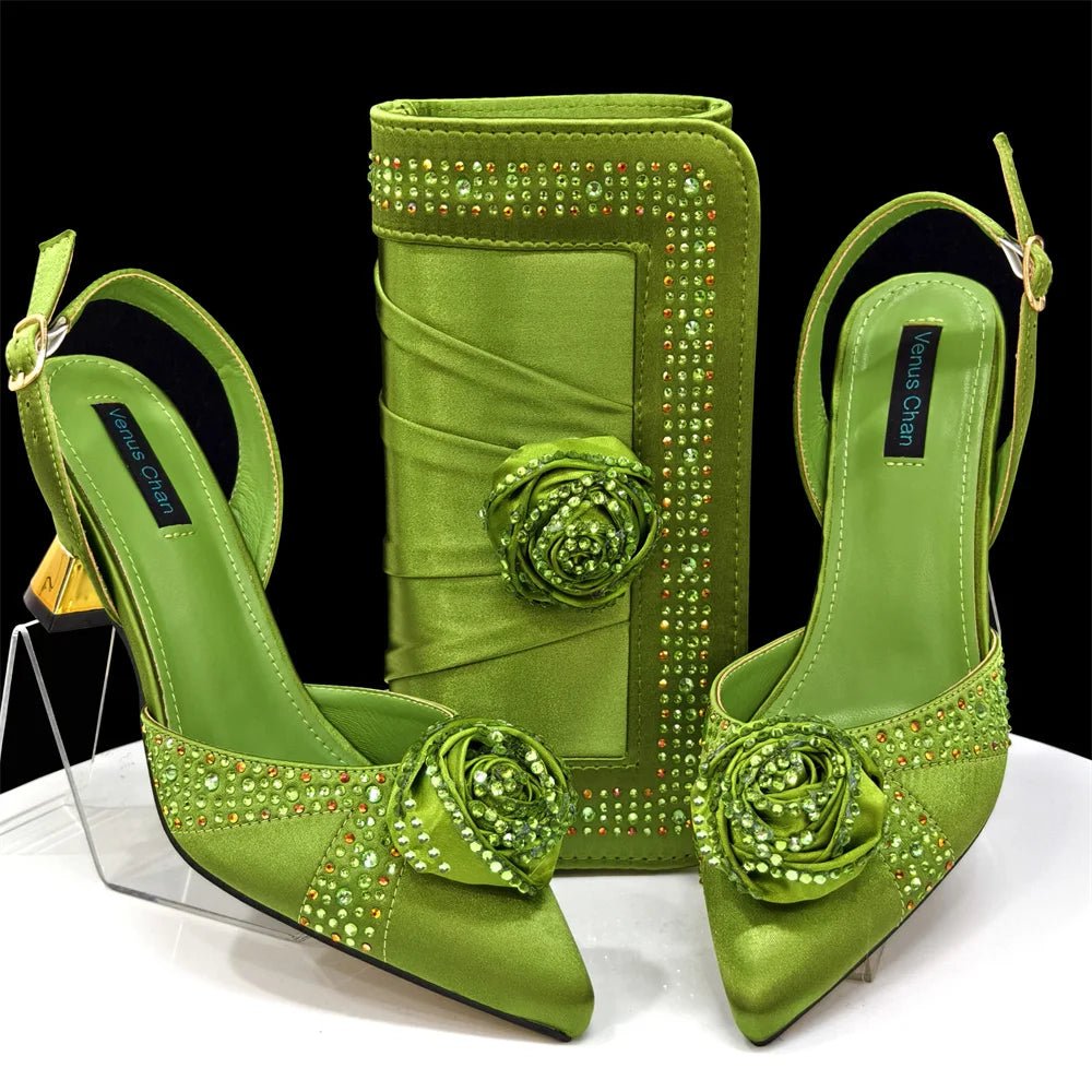 Rhinestone Rose Heels & Bag Set | African Party Elegance - Olive - Women - Shoes - Milvertons