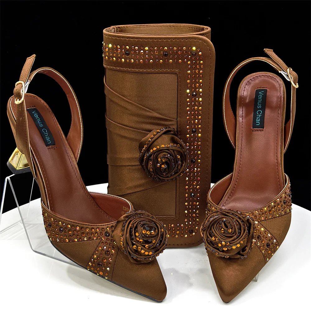 Rhinestone Rose Heels & Bag Set | African Party Elegance - Brown - Women - Shoes - Milvertons