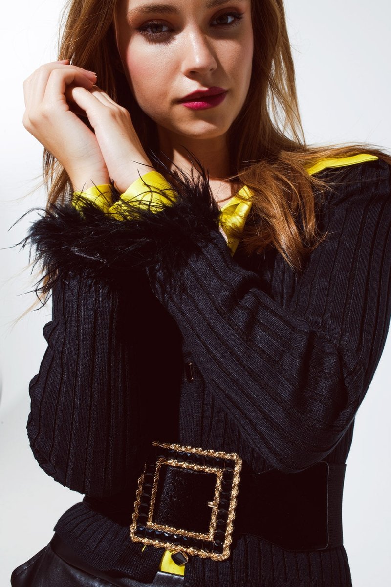 Ribbed Cardigan with Feather Accents and Gold Button Details - - Women - Apparel - Tops - Sweaters - Milvertons