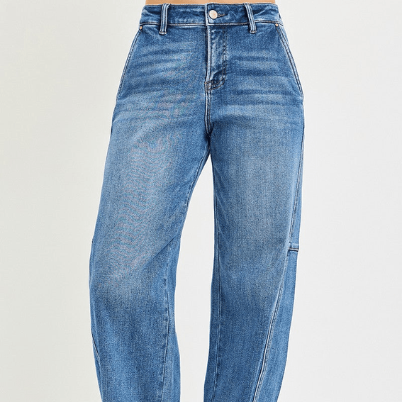 Blue RISEN Slouchy Baggy Jeans for Women on a light gray background