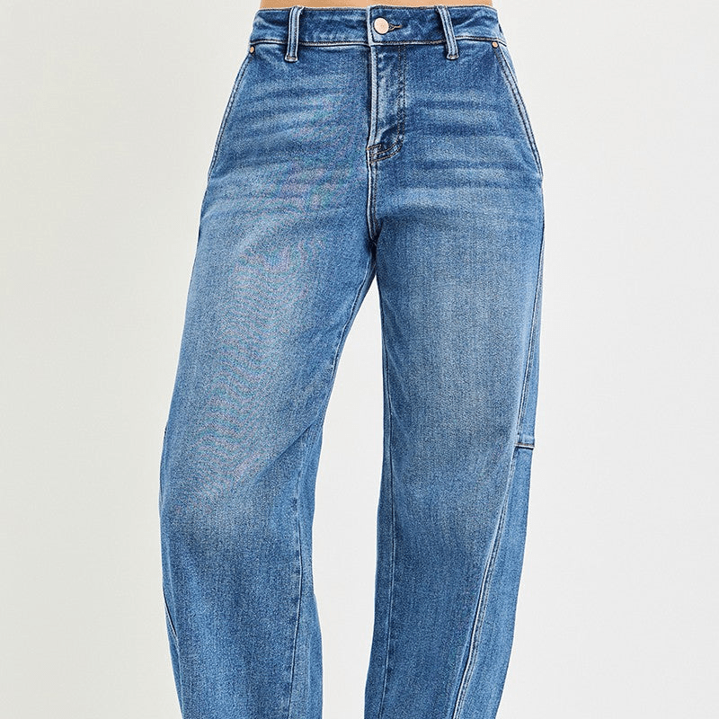 Blue RISEN Slouchy Baggy Jeans for Women on a light gray background