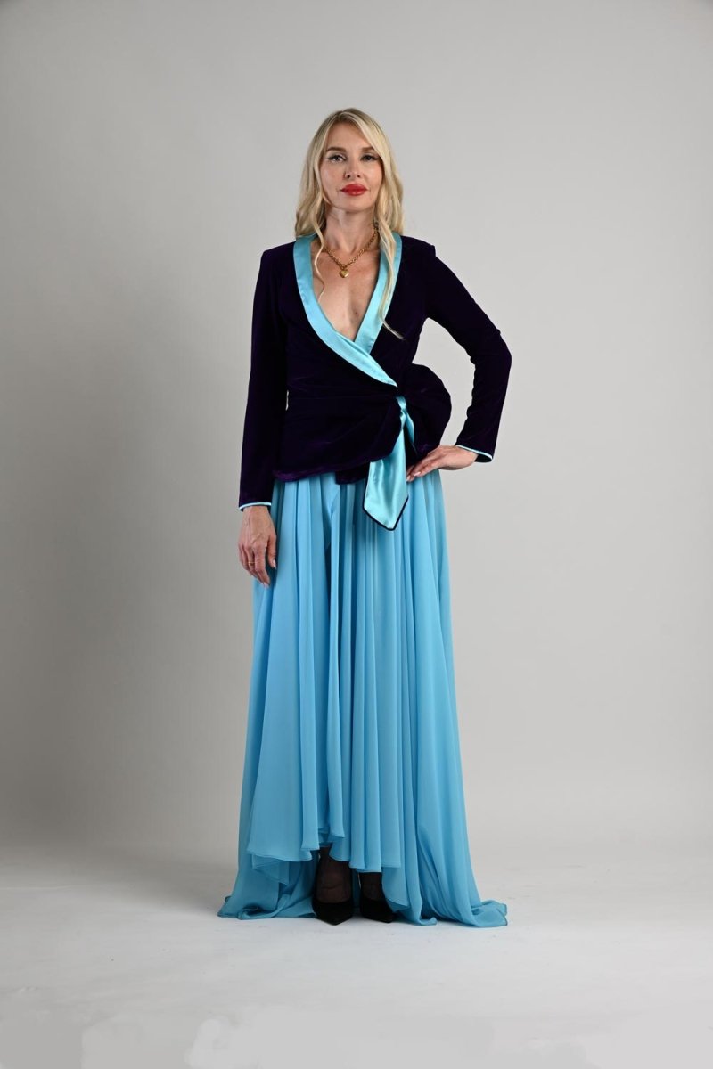 Satin Velvet Wrap Jacket with Turquoise Bow - - Jackets - DrevelmaN