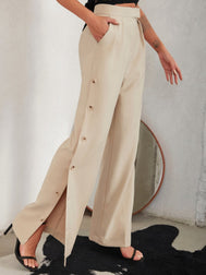 Side Button Pleated Wide Leg Pants - - Women - Apparel - Clothing - Pants - Milvertons