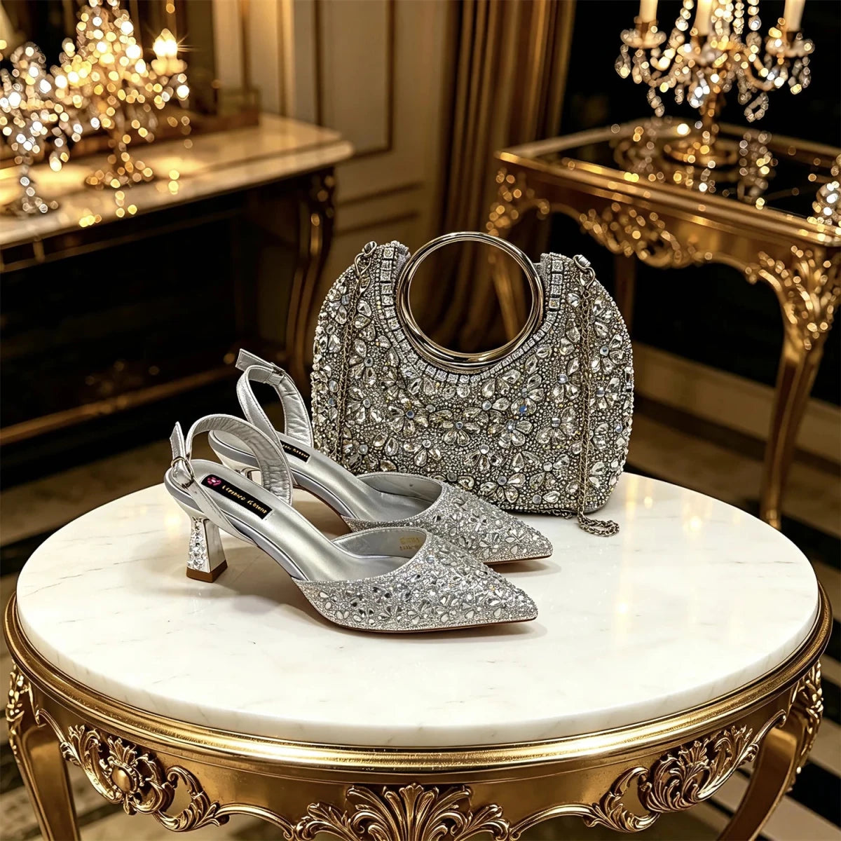 Elegant Rhinestone Pointed Toe Heels & Matching Handbag Set - Silver - Women - Shoes - Milvertons