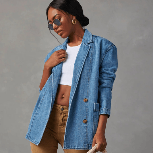 Stylish Collared Long-Sleeve Denim Jacket - Women's Fashion