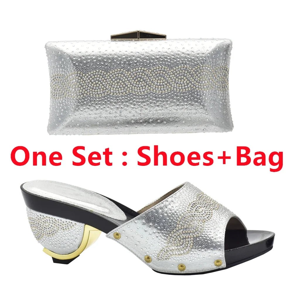Silver Trendy Italian Design Slip-on Shoes and Matching Bag for Women on a white background