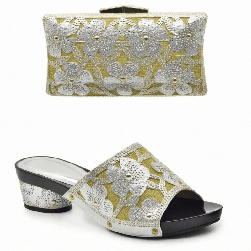 Silver Floral Trendy Italian Design Slip-on Shoes and Matching Bag for Women with floral patterns on a white background