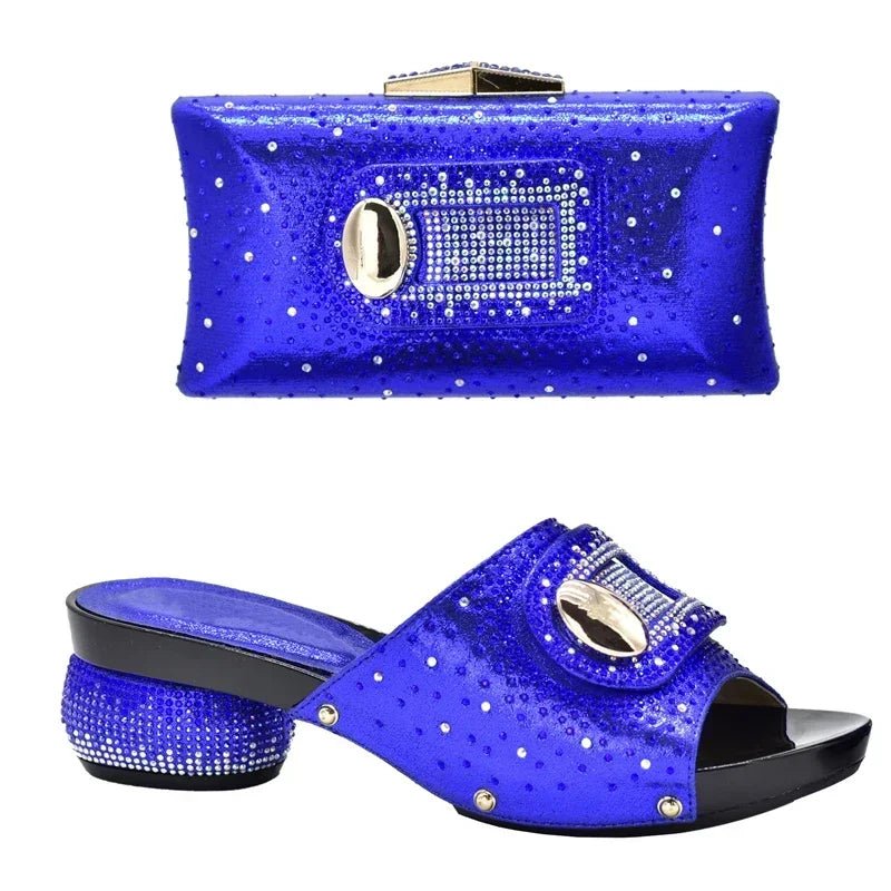 Blue Trendy Italian Design Slip-on Shoes and Matching Bag with rhinestone embellishments on a white background