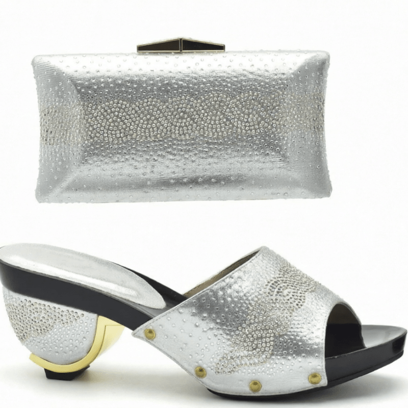 Silver Trendy Italian Design Slip-on Shoes and Matching Bag on a white background