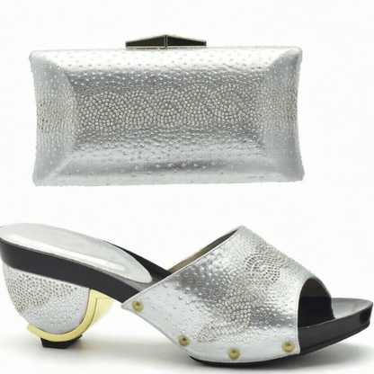 Silver Trendy Italian Design Slip-on Shoes and Matching Bag on a white background