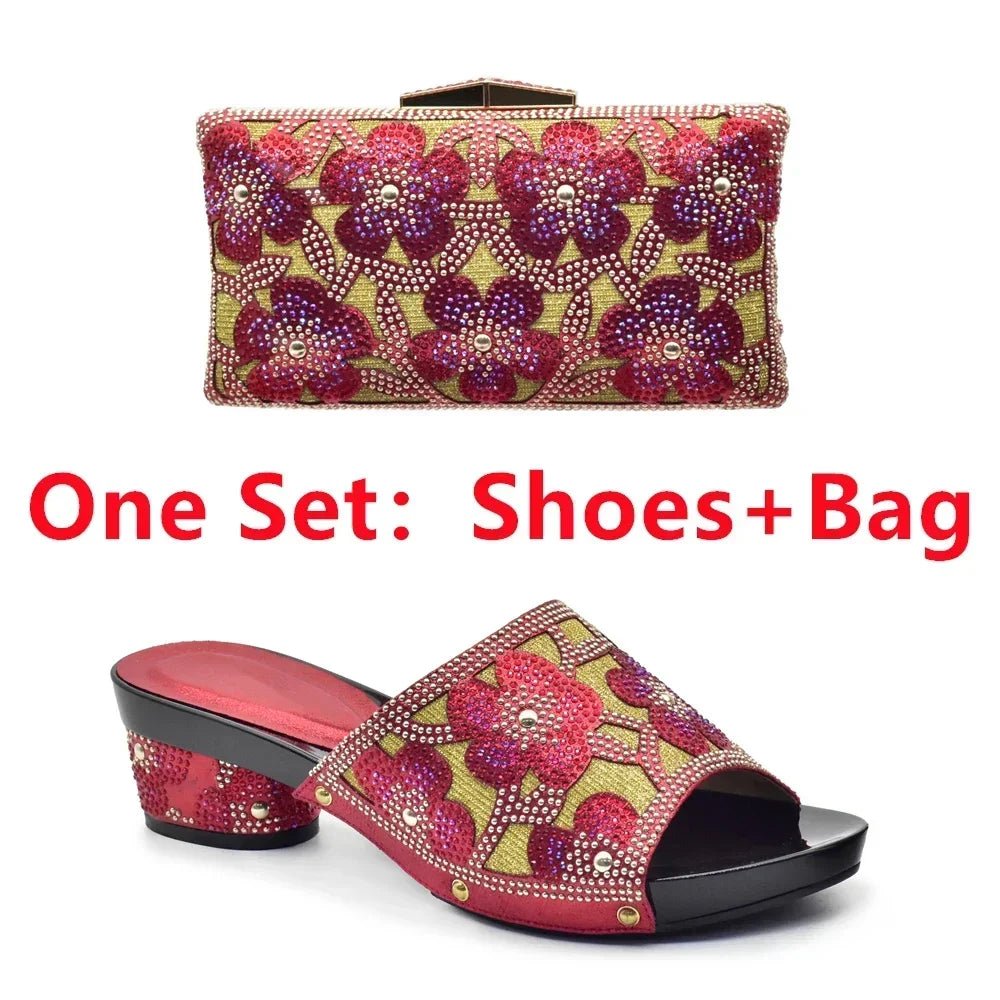 Pair of red floral shoes and matching bag on a white background with text 'One Set: Shoes + Bag'.